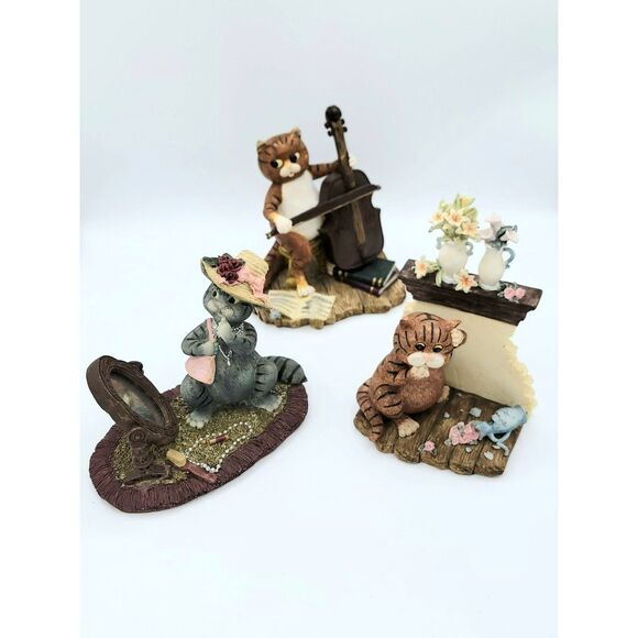 Cat Figurines Resin Set of 3 -Playing Cello/ Dressing up/ Broken Vase Cat Lover - Picture 1 of 5